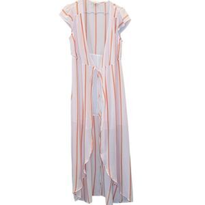 Le Lis Striped Cap Sleeve Tie Waist Wrap Maxi Dress Pink & Coral Small